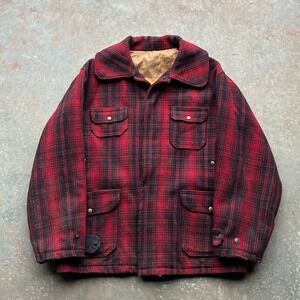 Vintage 1940s Woolrich Red Black Plaid Wool Mackinaw Cruiser Hunting Jacket Men